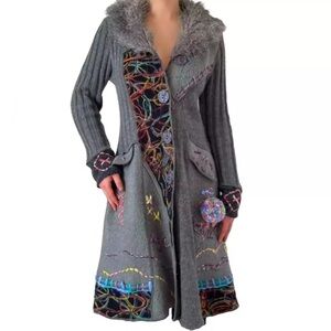 Papillon Los Angeles Wool Blend Long Sweater Artsy Boho Festival Embroidered Med